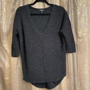 Express Black Metallic Gold Knit 3/4 Sleeve V Neck Cozy Sweater Small